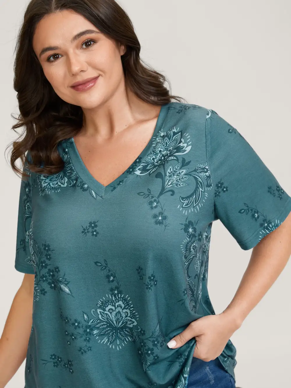 Floral V-Neck Drapey T-Shirt