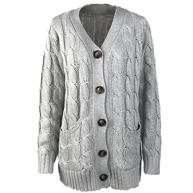 Women's Cardigan Pocket Knitted Button Solid Color Casual Chunky Long Sleeve Regular Fit Sweater Cardigans