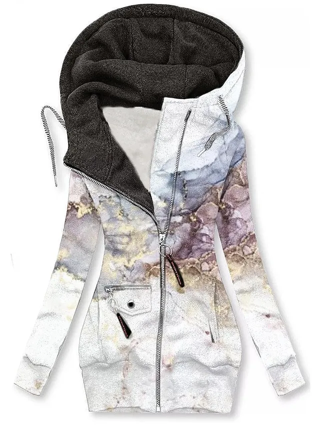 Women's Zip Hoodie Sweatshirt Sports Basic Neon & Bright Drawstring Zip Up Front Pocket Black White Blue Graphic Floral Cat Street Casual Hoodie Long Sleeve Top Micro-elastic Fall & Winter