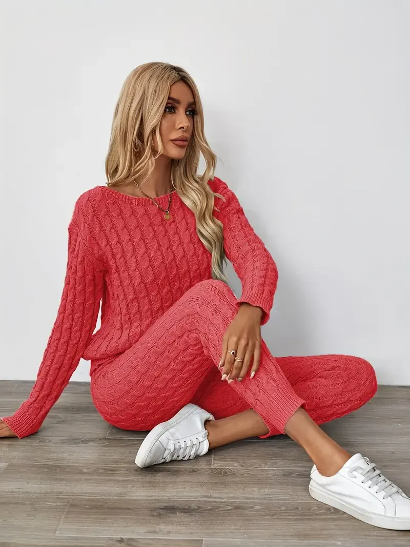 Solid Knitted Matching Two-piece Set, Casual Long Sleeve Sweater & Pants Outfits, Women's Clothing