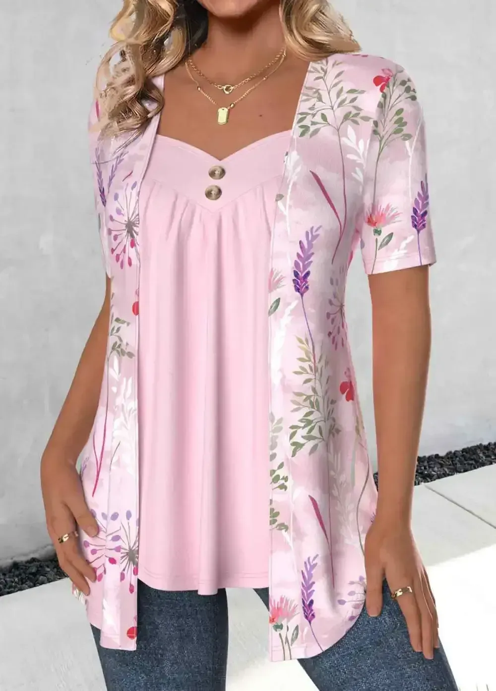 Pink Floral Print Short Sleeve Fake Two Piece Twinset