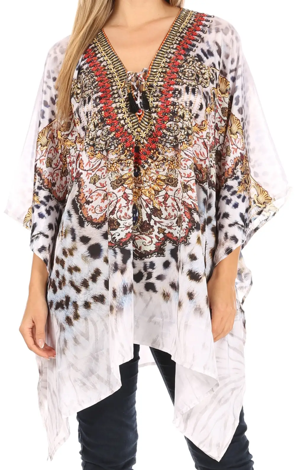 Women's Caftan Poncho Cover up V neck Top Lace up With Rhinestone