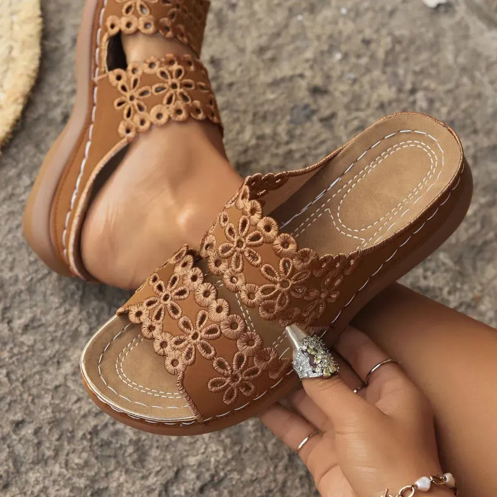 Dark Camel Peep Toe Low Heel Sliders
