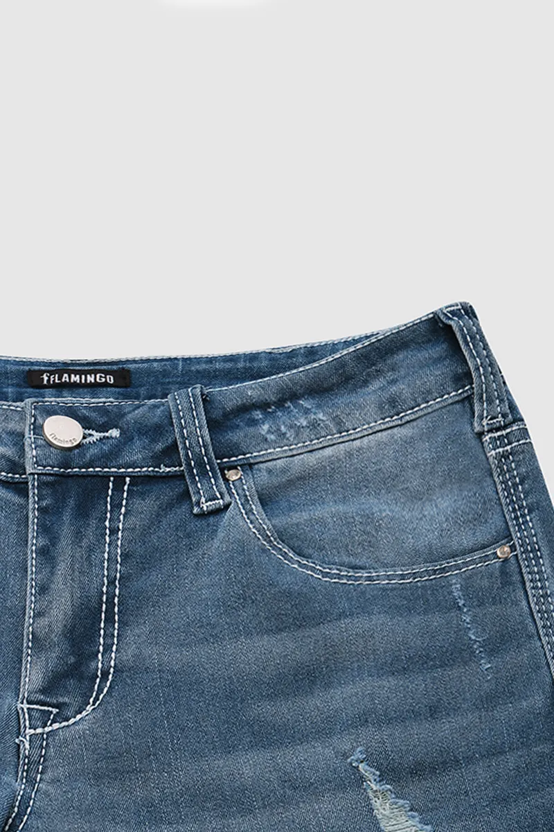 Cross Embroidery Studded Ripped Bootcut Jeans