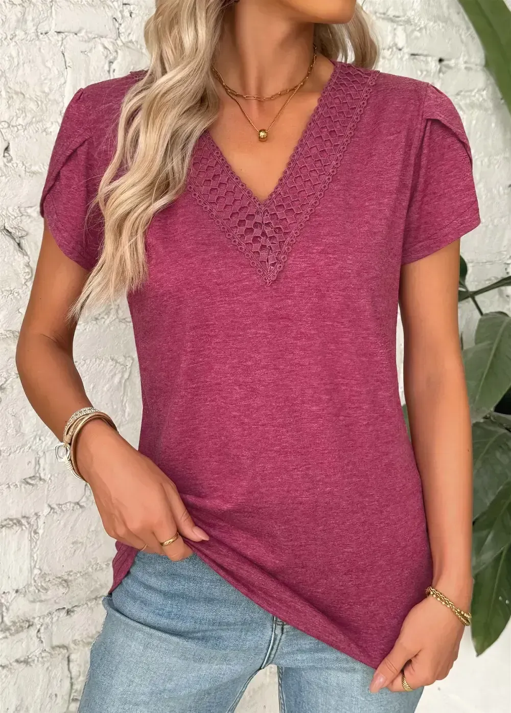 Dark Reddish Purple Short Sleeve V Neck T Shirt