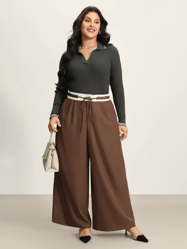 Color Contrast Drawstring Wide-Leg Pants