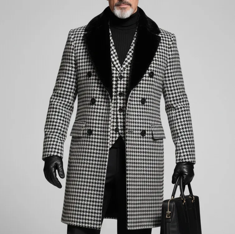 Men's Black Furry Collar Double Breasted Long Sleeve Houndstooth Pattern Mid-Length Overcoat