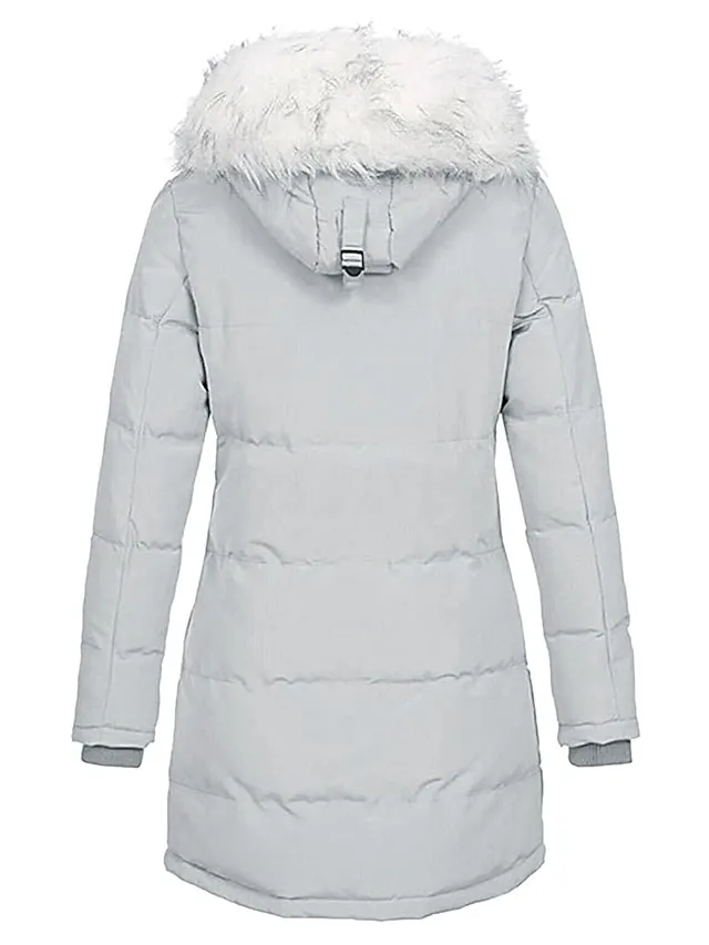 Women's Parka Puffer Jacket Winter Coat Zip up Hooded Coat with Fur Collar Thermal Warm Heated Coat Fall Outerwear with Pockets Classic Long Sleeve Black White