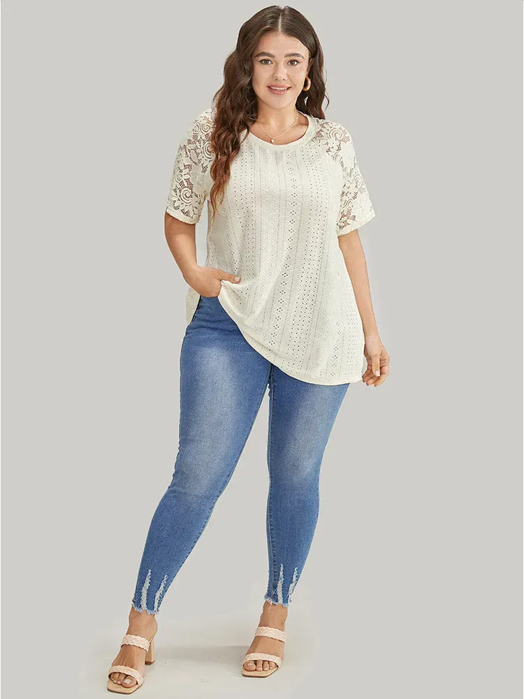 Solid Broderie Anglaise Lace Raglan Sleeve T-shirt