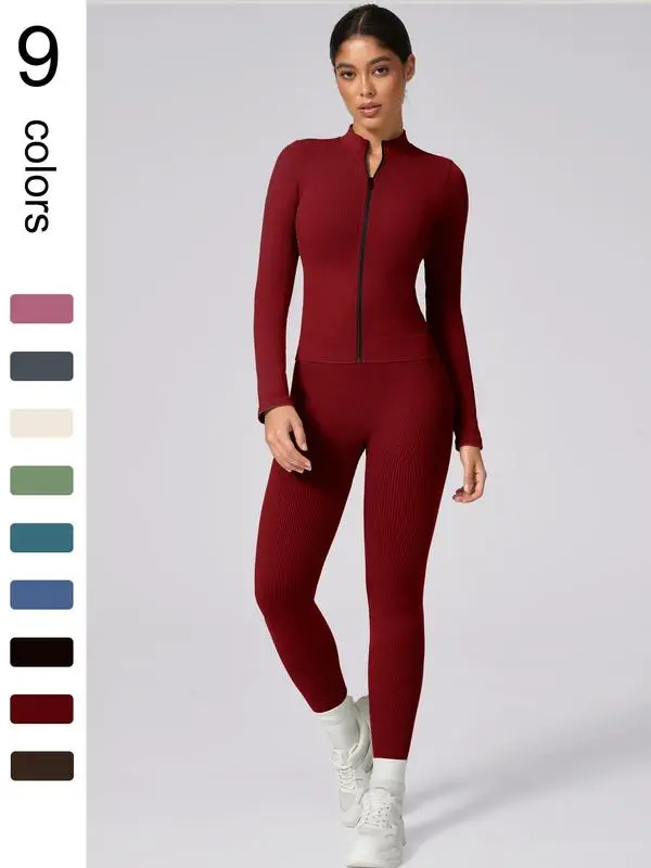 Women's Plain Tracksuit Set, Sports Zip Up Crop Jacket & High Waist Leggings