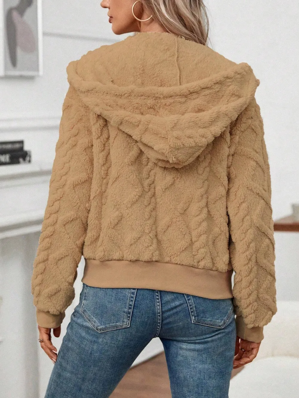 Women's Black Textured Plush Hooded Jacket