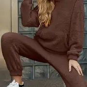Cozy Solid Teddy Two-Piece Set - Long Sleeve Kangaroo Pocket Hooded Tops, Warm & Comfortable Long Length Pants Outfits for Women