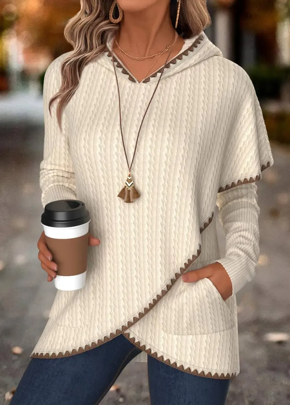 Beige Tummy Coverage Long Sleeve Hoodie