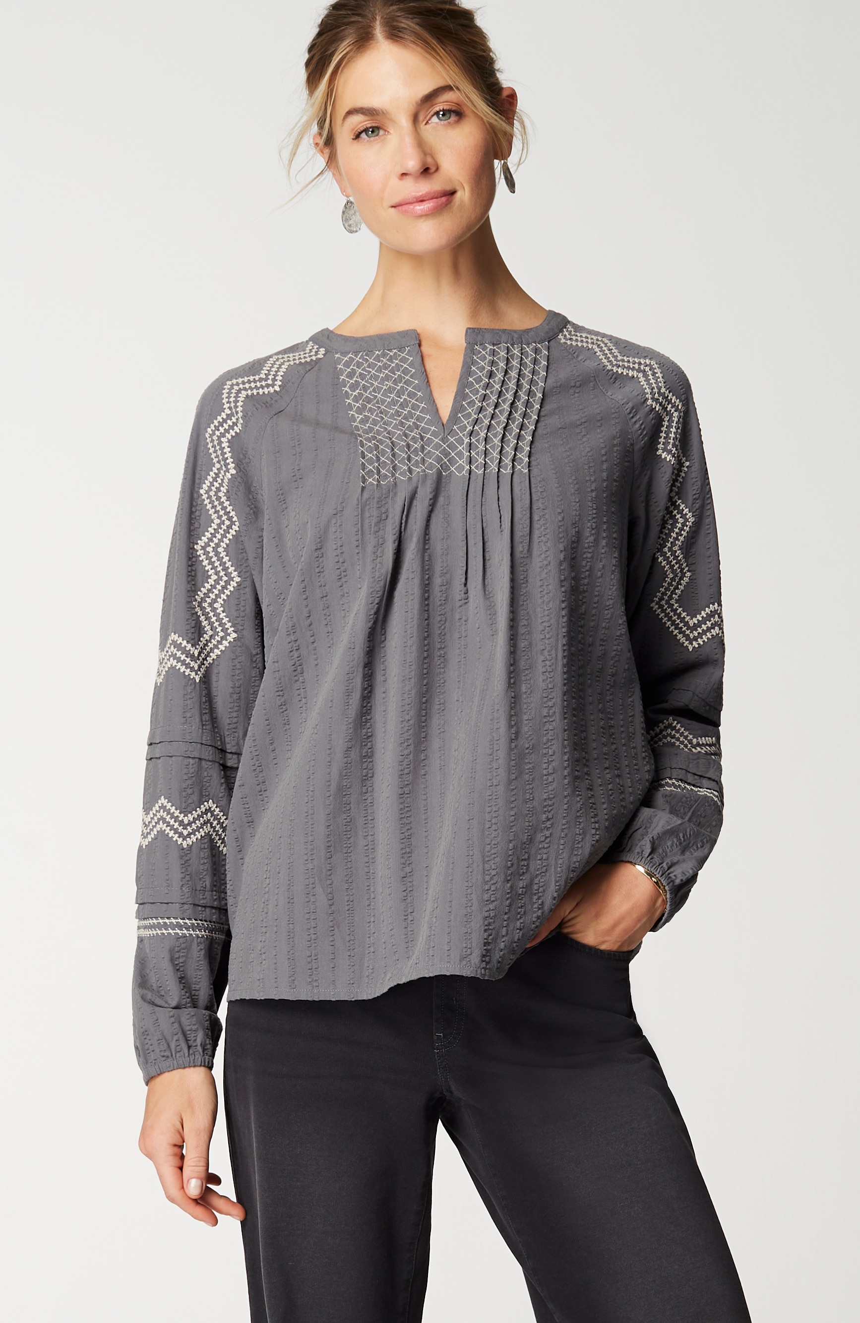 Pure Jill Pintucked Embroidered Blouse