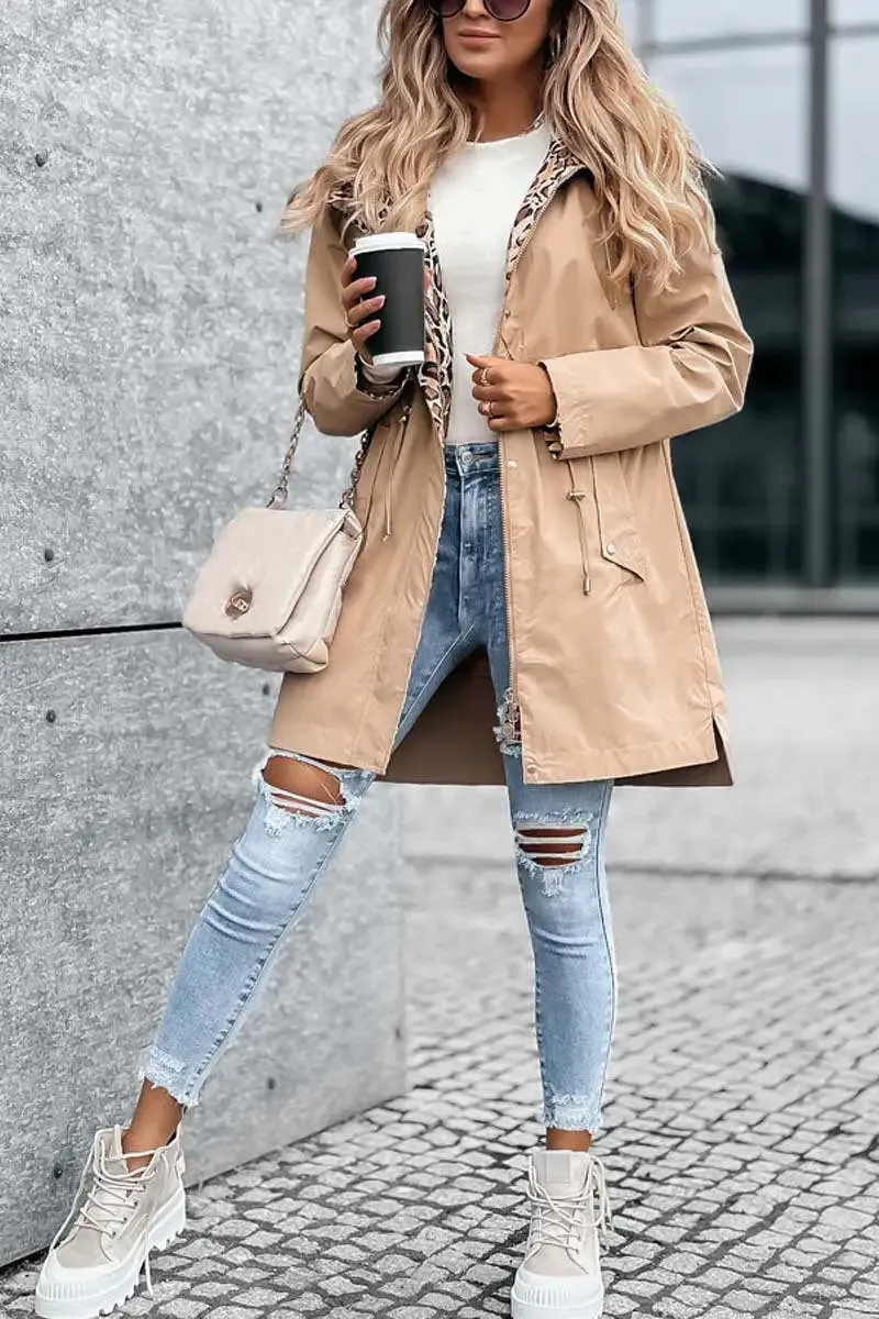 Casual Leopard Print Patchwork Hooded Windbreaker Jacket