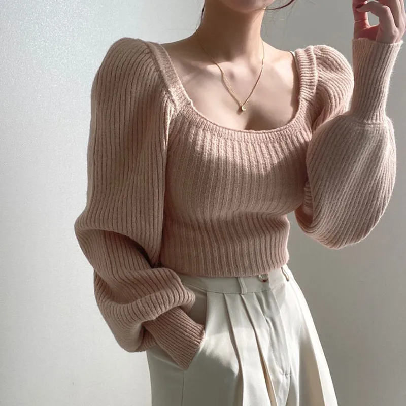 Plain Knit Top With Square Collar And Bubble Sleeves