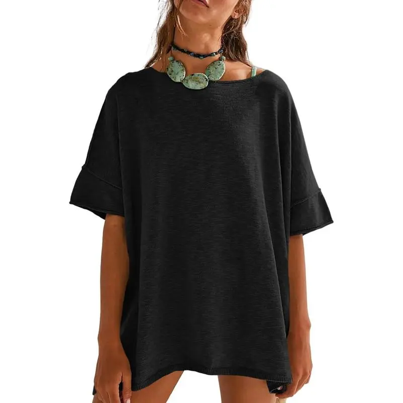 Women's Oversized Crew Neck Side Slit T-Shirt – Casual, Loose-Fit Summer Top