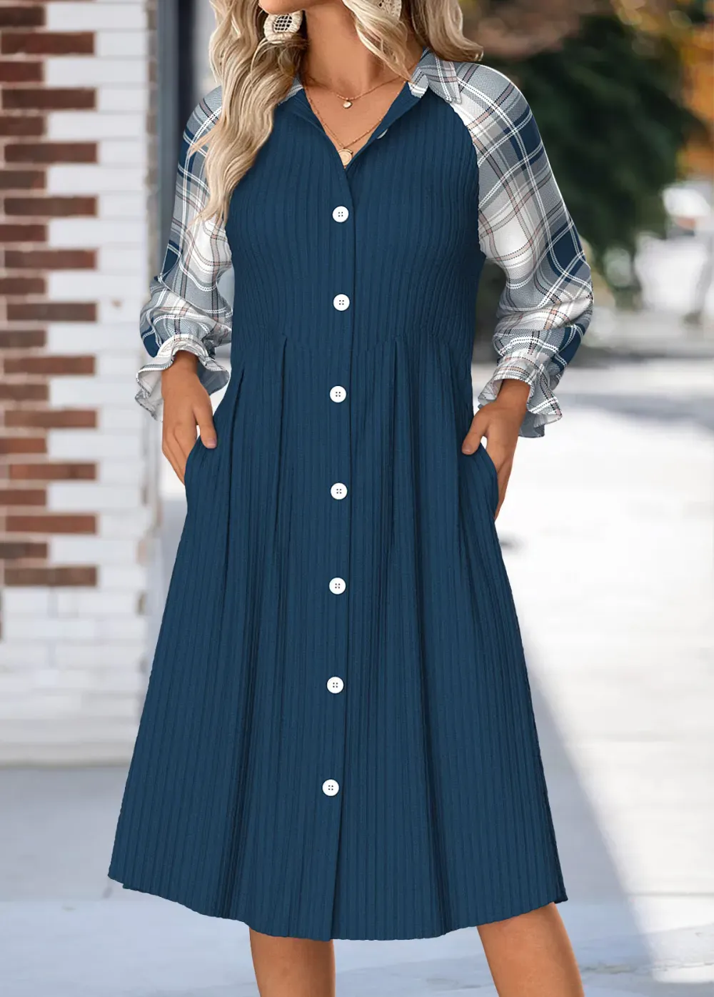 Navy Tummy Coverage Plaid Long Sleeve Shirt Collar Dress