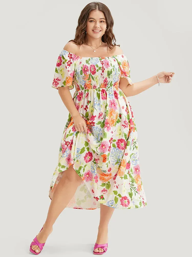 Floral Backless Shirred Square Neck Pocket Ruffle Hem Dress