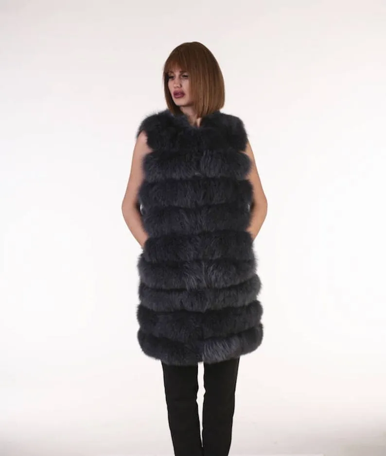 Dark Grey Fox Fur vest hoodedWomen’s