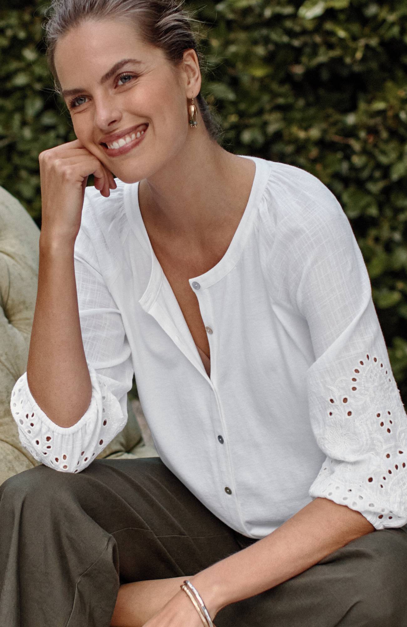 Placed-Eyelet Mixed-Media Top