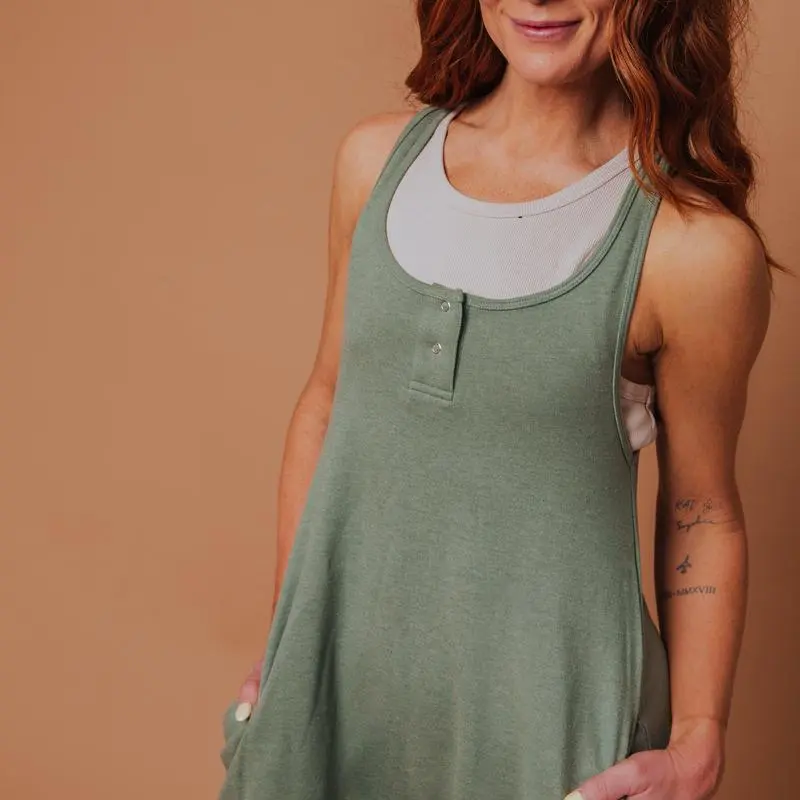 Women's Sleeveless Short Romper – Fern Green Casual Tank Jumpsuit with Pockets