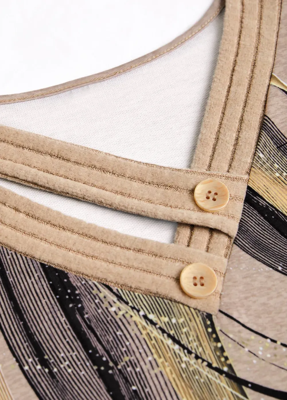 Light Camel Button Geometric Print Long Sleeve T Shirt