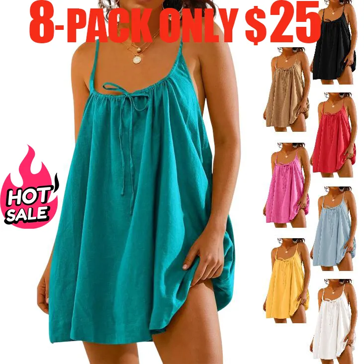 Women's Spaghetti Strap Beach Cover Up – Linen Backless Mini Dress with Pockets