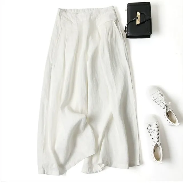 Women's Culottes Wide Leg Wide Leg Pants Trousers 100% Cotton Plain Pocket Baggy Full Length High Waist Casual Lounge Casual Daily Black White M L Autumn / Fall Spring & Summer