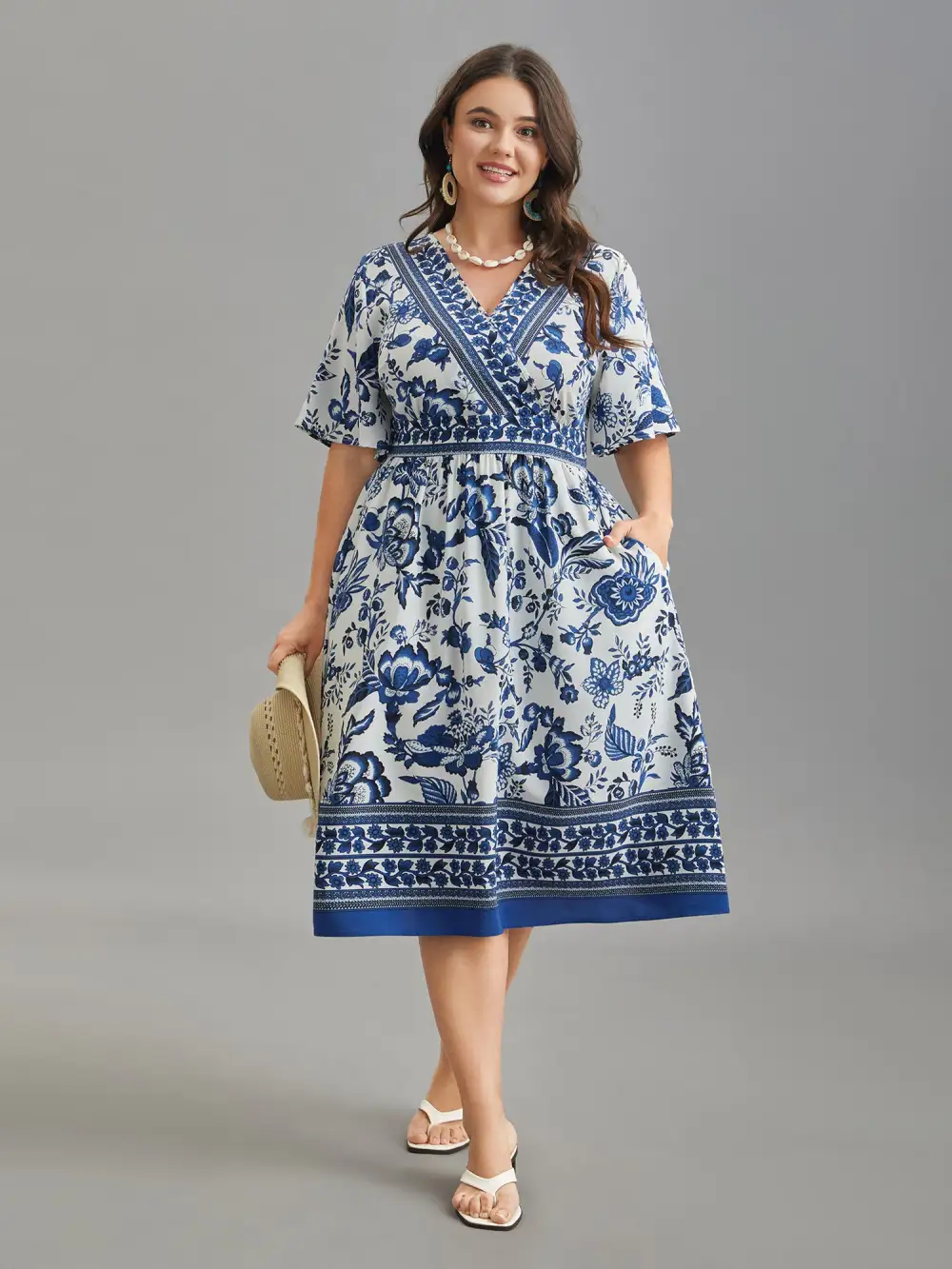 Floral Print Wrap-Neck Pocket Midi Dress
