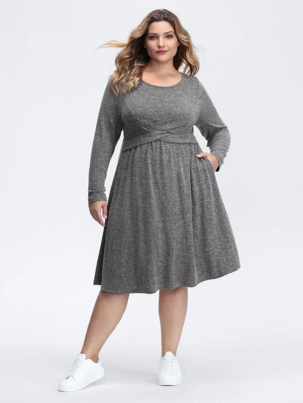 Crossover Waist-Defining Round Neck Midi Dress