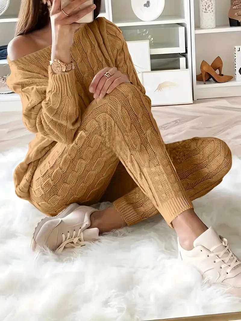 Solid Knitted Matching Two-piece Set, Casual Long Sleeve Sweater & Pants Outfits, Women's Clothing