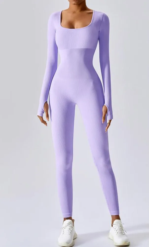 Women's Solid Ribbed Long Sleeve Sports Playsuit Tummy Control Jumpsuit, Workout Ribbed Long Sleeve Exercise Bodycon Jumpsuit