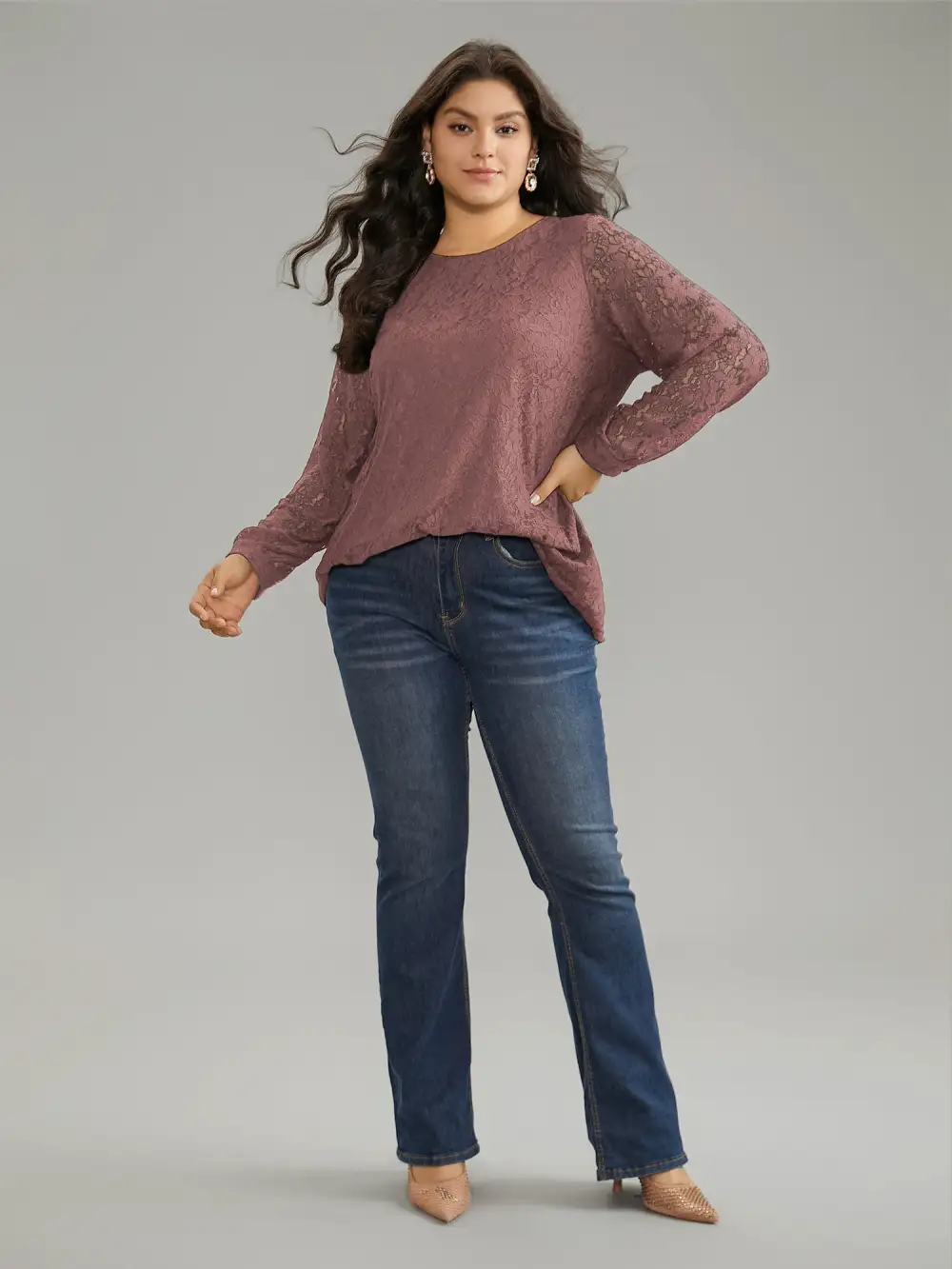 Solid Crochet Lace Mesh Crew Neck Blouse