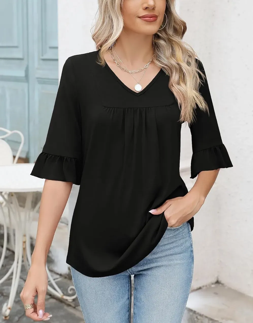 ✨WOMENS 3/4 LENGTH SLEEVE V-NECK CASUAL RUFFLE SLEEVE TUNIC BLOUSES