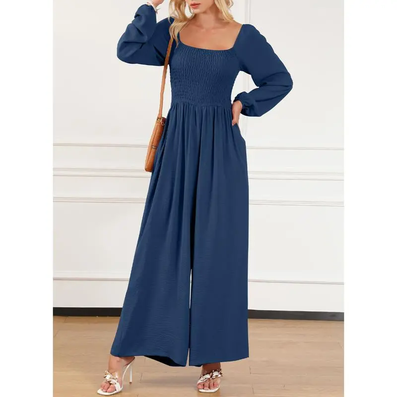 Women's Casual Loose Long Sleeve Wide Leg Jumpsuit with Pockets