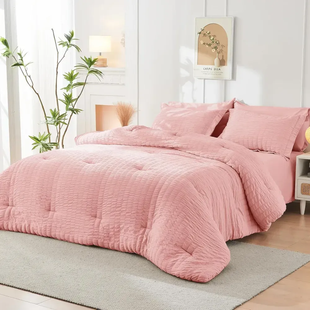 Queen Comforter Set Seersucker 7 Pieces, All Season Luxury Bed in a Bag for Bedroom, Bedding Set with Comforters, Sheets, Pillowcases & Shams, Dark Grey