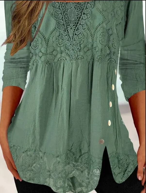 Round Neck Casual Loose Lace Stitching Long-sleeved Blouse