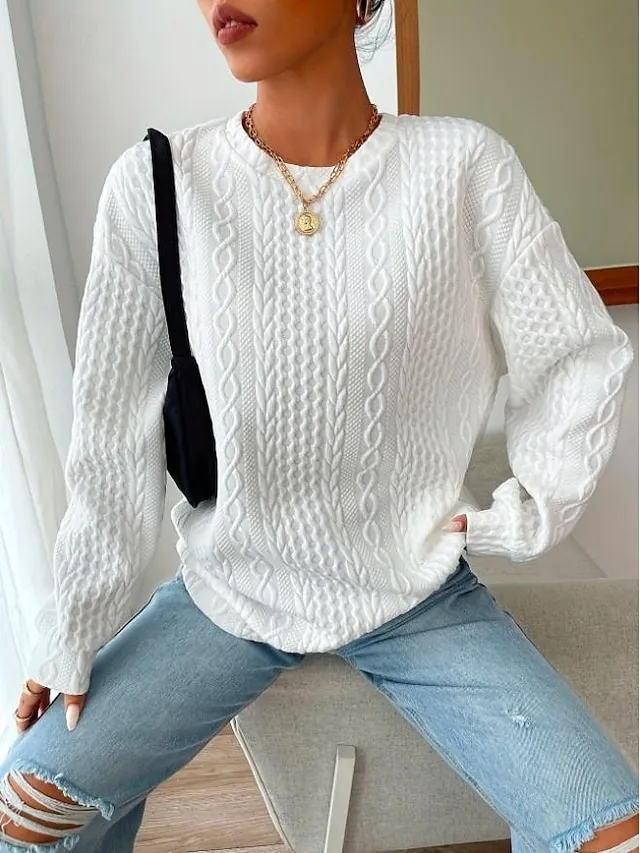 Women's Sweatshirt Plain Work Zipper Black White Pink Elegant Modern Loose Fit Crew Neck Long Sleeve Micro-elastic Spring Fall