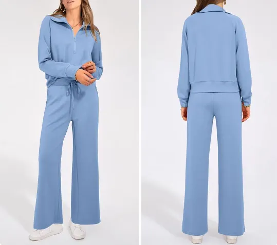Women'swear Chic 2-Piece Set Outfits Half Zip Style Sweatshirts And Wide Leg Pants With Drawstring