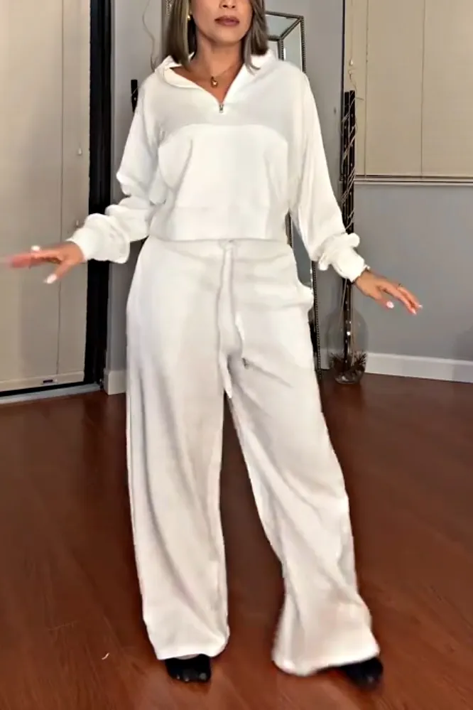 Women's solid color zipper V-neck top and pants two-piece set