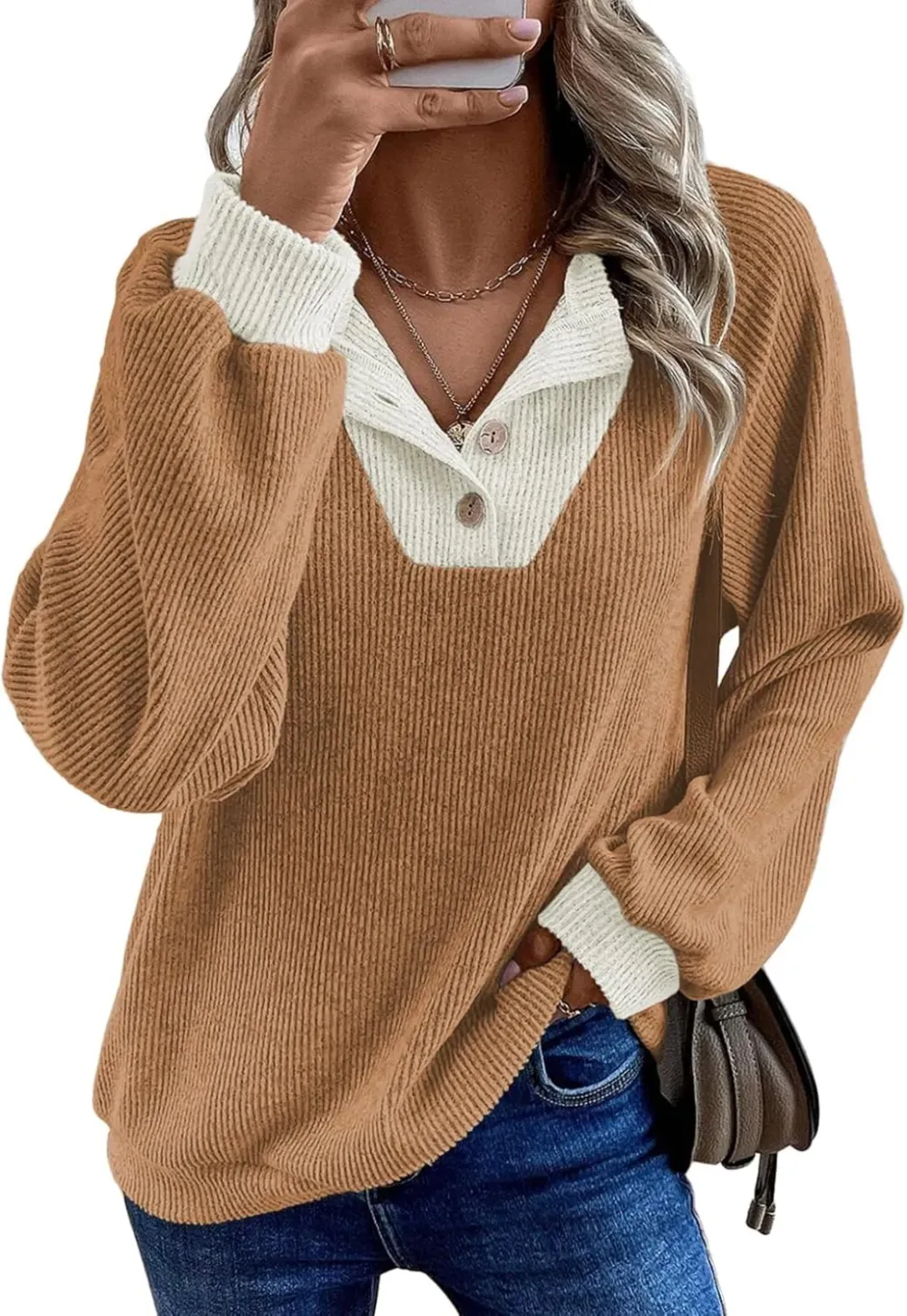 ✨Women's Colorblock Button Up V Neck Long Sleeve Casual Sweatshirts