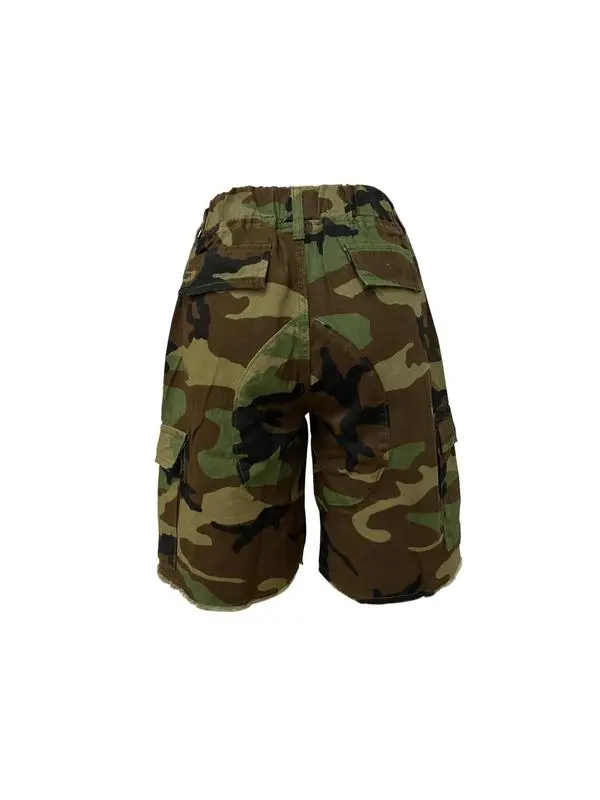 Women's Camo Print Straight-Leg Shorts with Pockets-Raw Hem, Elastic Waist