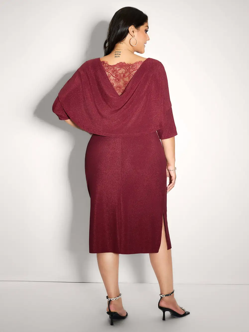 Lurex Drape Back Lace Trim Midi Dress