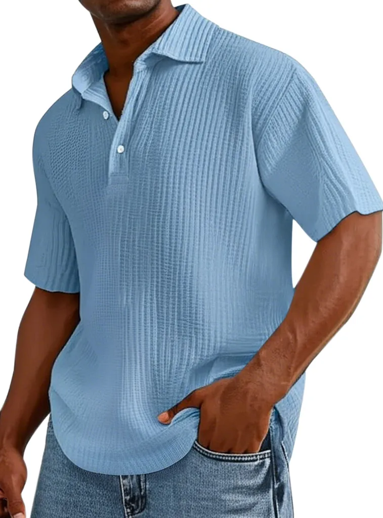 Men's Casual Solid Color Pleated Texture Short-sleeved Button Polo Shirt