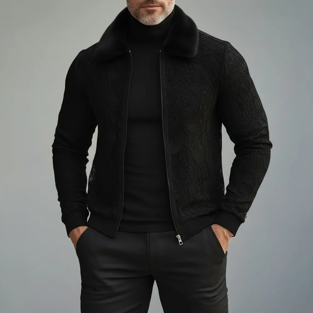 Men's Black Lace Furry Collar Long Sleeve Zip-Up Jacket