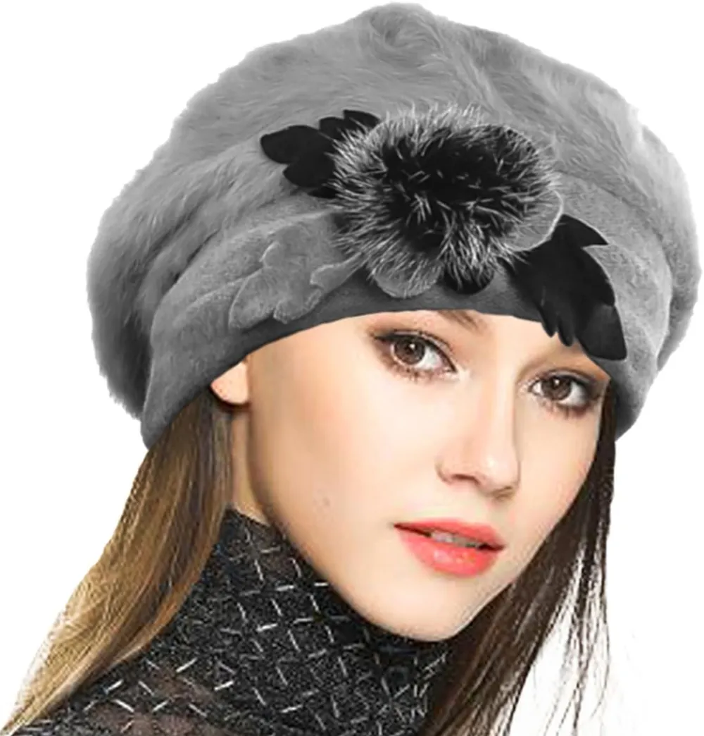 Lady French Beret 100% Wool Beret Floral Dress Beanie Winter Hat