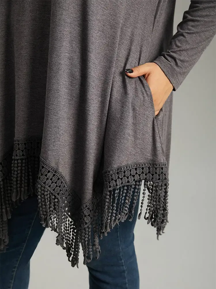 Solid Tassels Trim Pocket Asymmetrical Hem T-Shirt