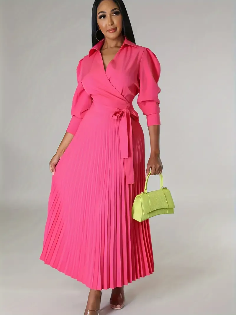 Elegant 3/4 Sleeve Solid Pleated Dress