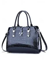 Women's Burgundy Patent Faux Leather Handbag - Croc Embossed Structured Tote Bag with Top Handle and Shoulder Strap, Perfect for Mother's Day Gift, Office, Business and Formal Occasions